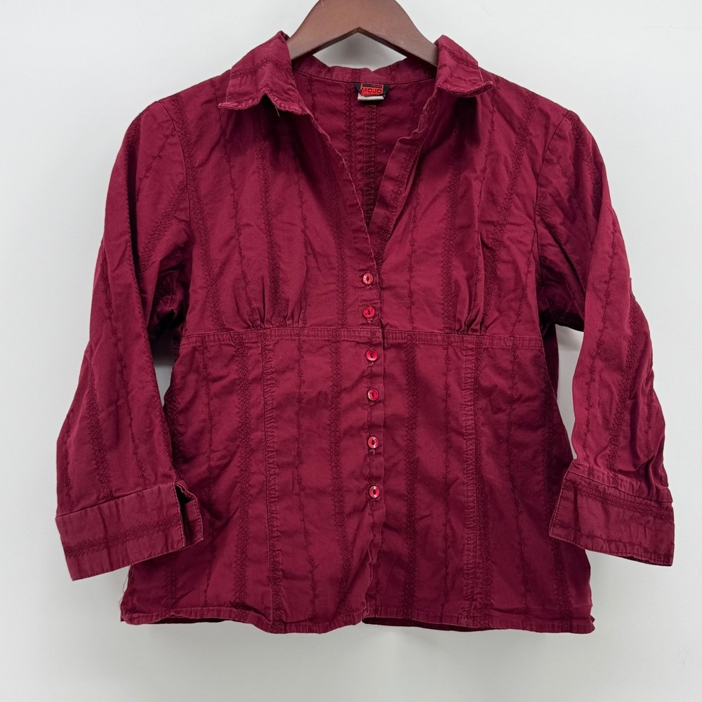Mojo Plus USA Womens 1XL Burgundy Eyelet Embroidered Button Up 3/4 Sleeve Blouse
